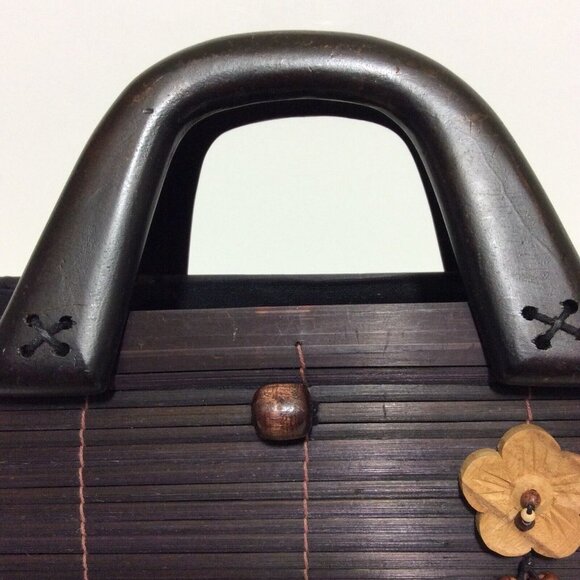 Womens Handmade Bamboo Handbag Wood Handles Loop Button Closure Brown - Picture 9 of 12